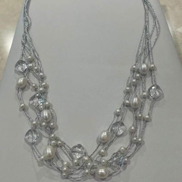 Sterling Silver, Natural Pearl & Crystal Multi Strand 19”L Necklace - Picture 2 of 3